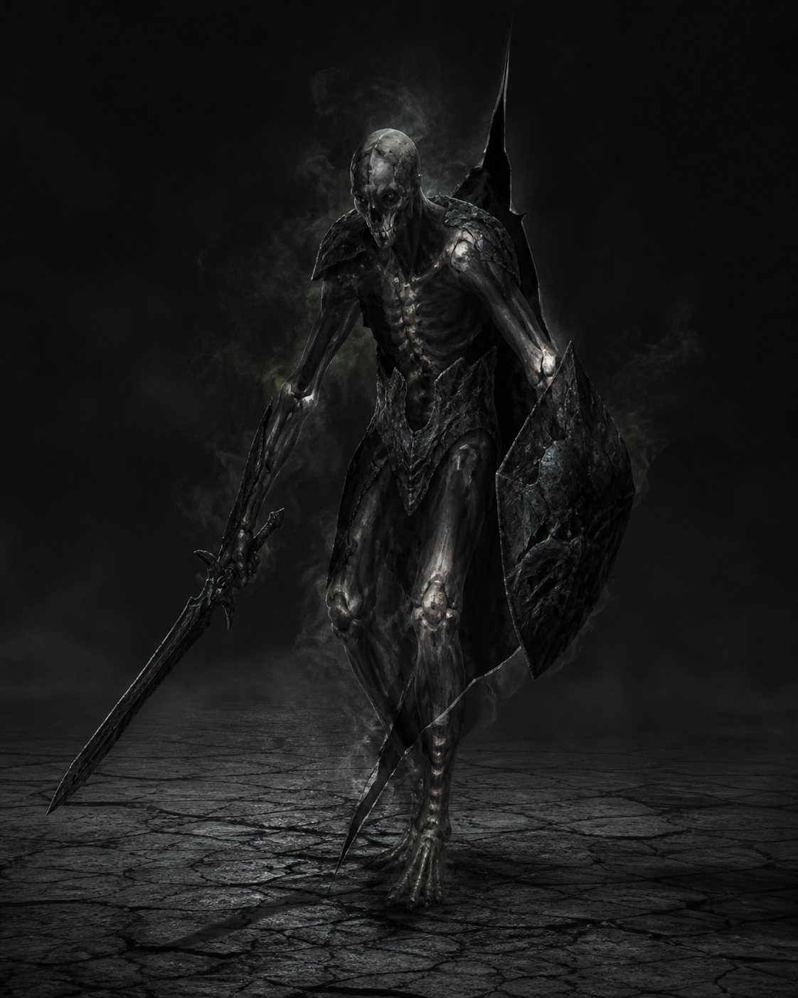 A planar creature: solid form edged with shadow, armoured, broadsword raised